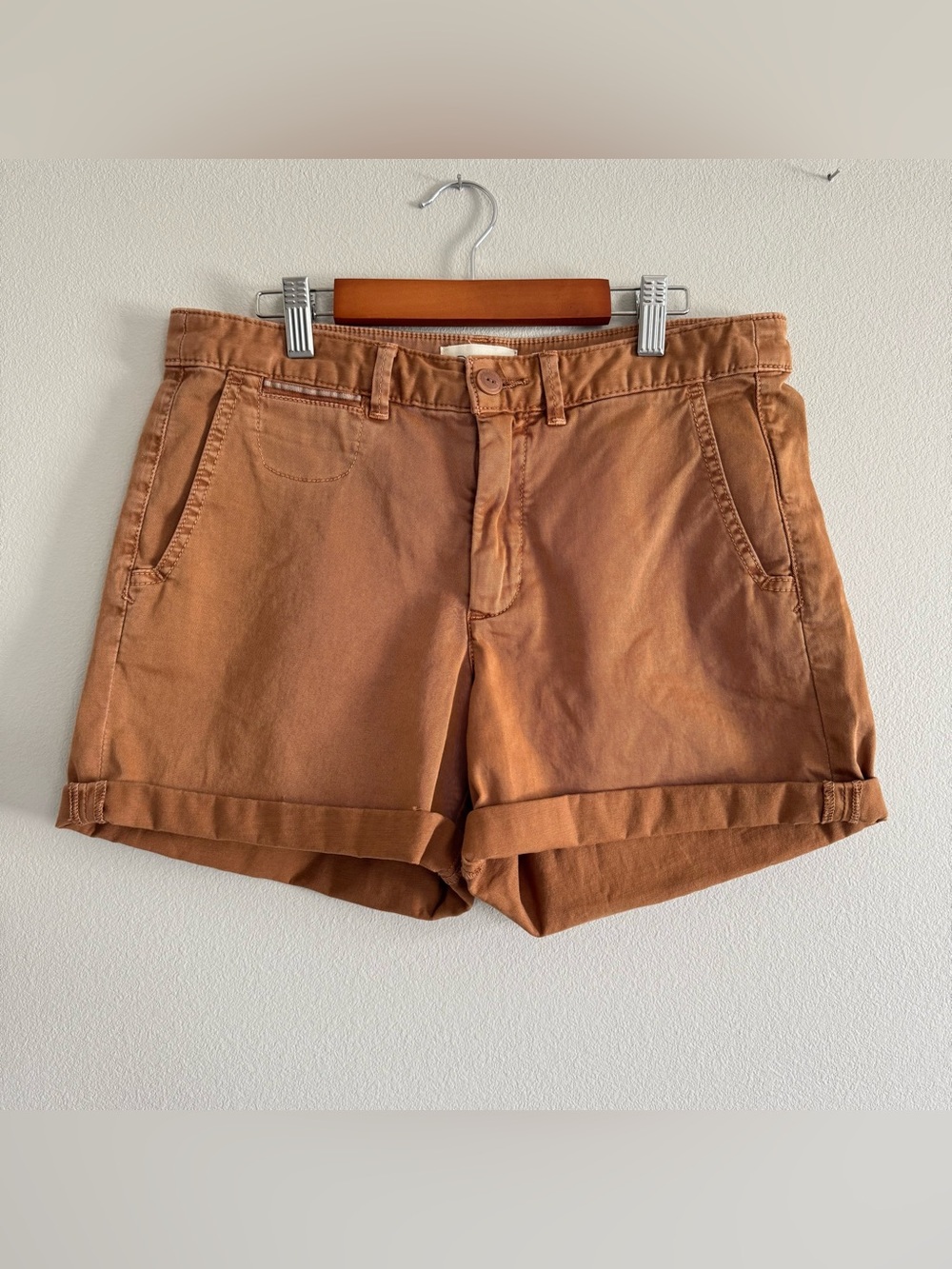 Anthropologie Chino Relaxed Shorts 28 Brown Caramel Cuffed Cotton Stretch